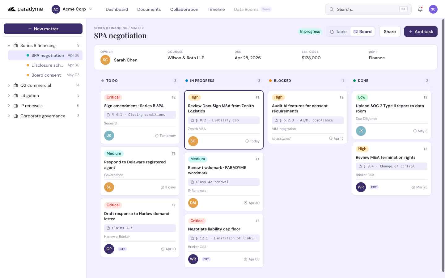 Paradyme collaboration board — matter kanban with tasks, priorities and assignments