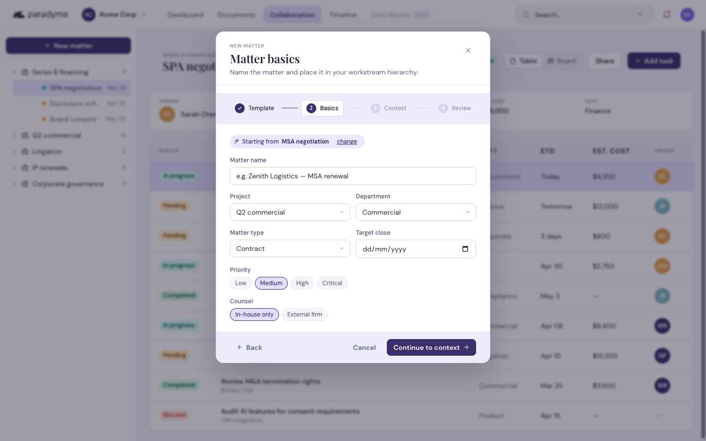 Paradyme new-matter dialog — template, basics, and context steps